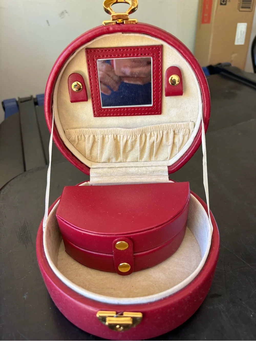 Red Round Jewelry Case with Gold Hardware and Interior Case with Lock